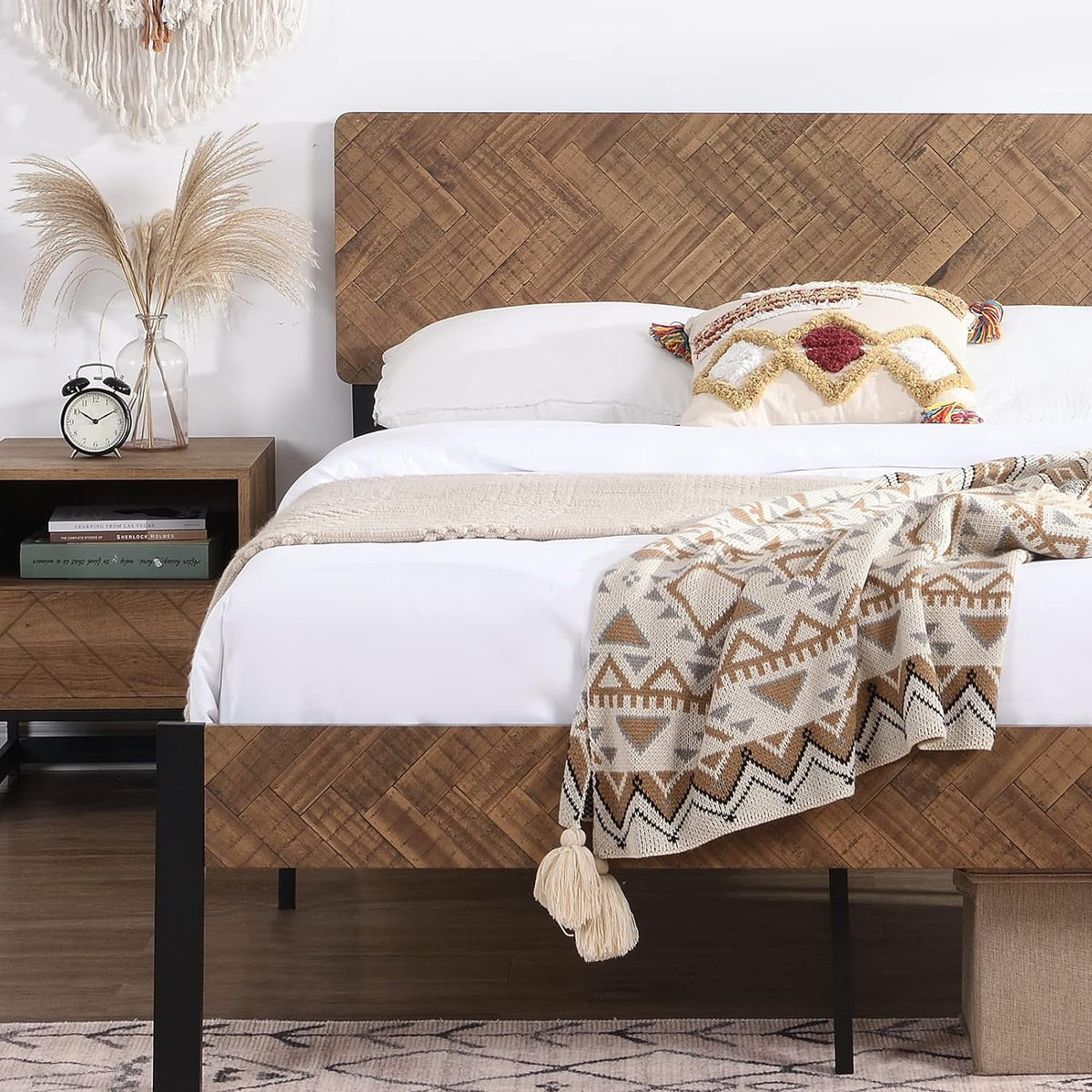 Twin Bed Frame with Storage, No Box Spring Needed, Metal Slats M59366