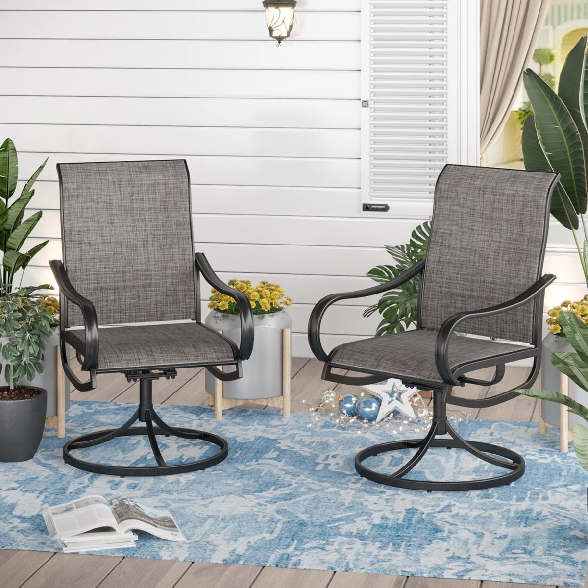 2Pcs Patio Dining Swivel Chairs Set with Black Steel Frame R25071