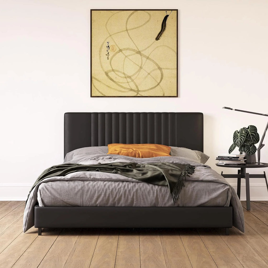 Black Faux Leather Upholstered Platform Bed With Tufted Headboard Queen V359