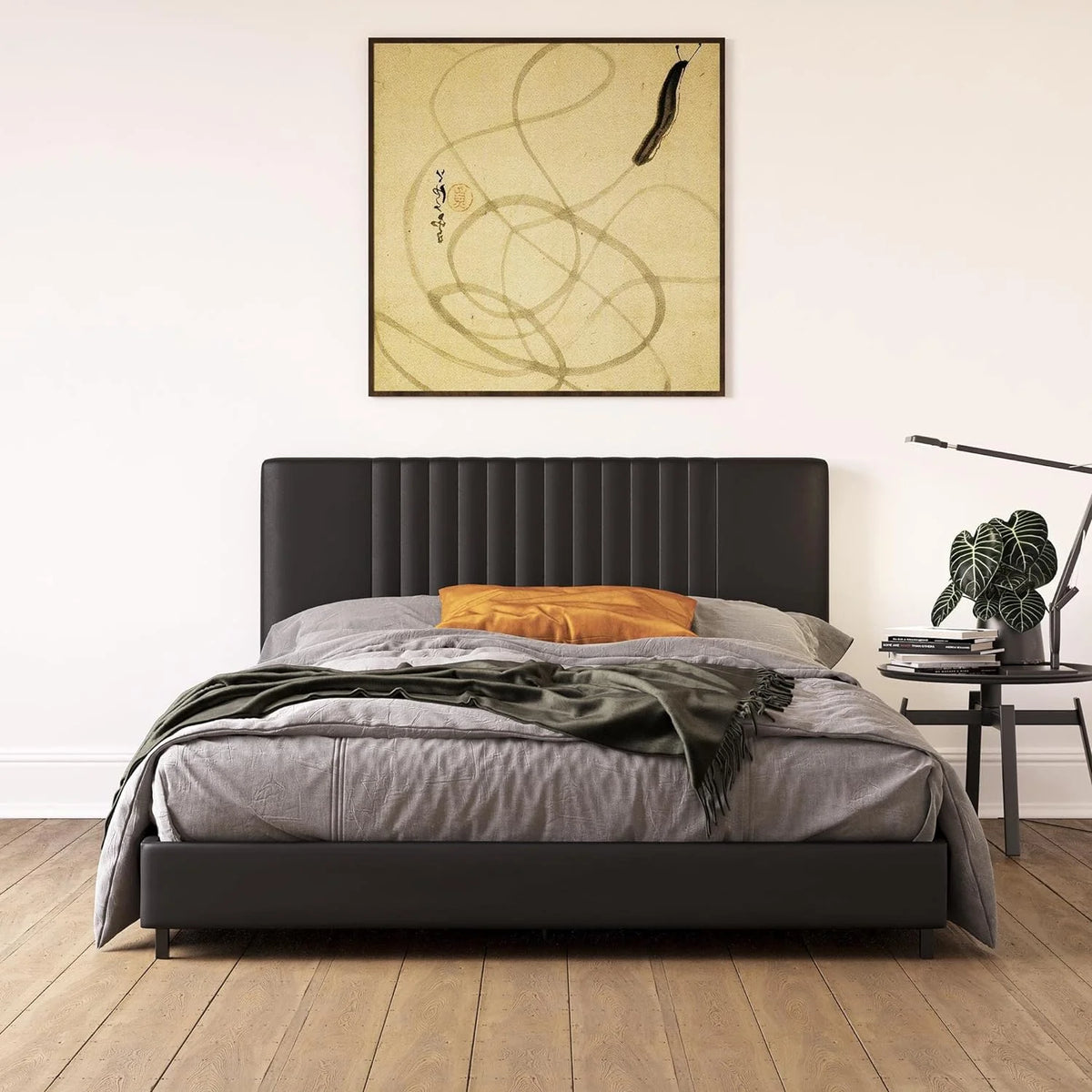 Black Faux Leather Upholstered Platform Bed With Tufted Headboard Queen V359