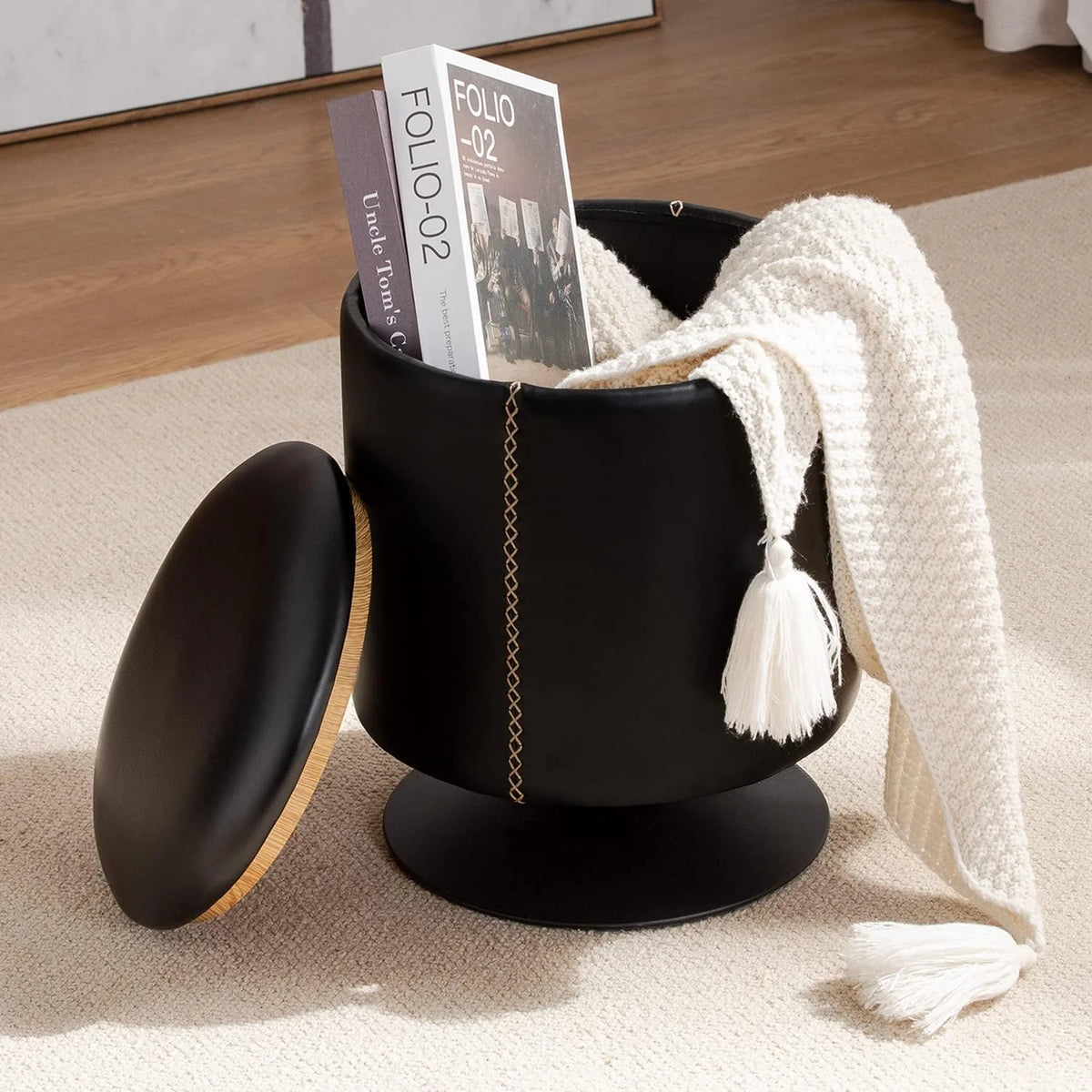 Black Round Faux Leather Storage Ottoman X6937