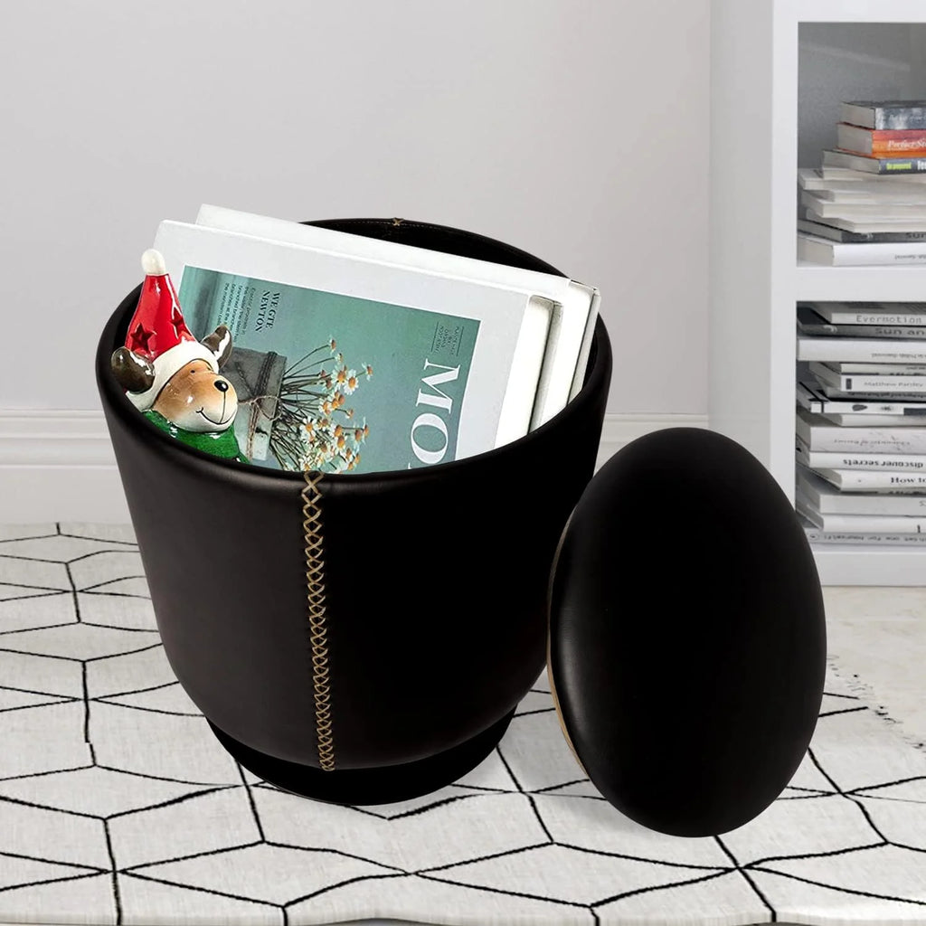 Black Round Faux Leather Storage Ottoman X6937