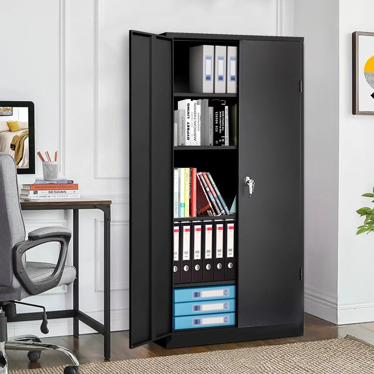 72 inch Black Metal Garage Storage Cabinet with Locking Doors P9963