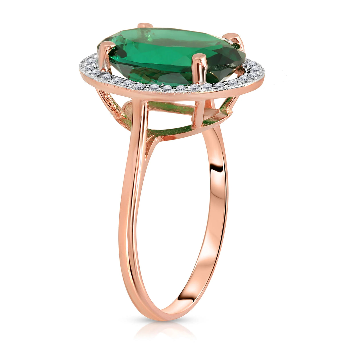14K Solid Rose Gold Emerald and Diamond Halo Ring W331284
