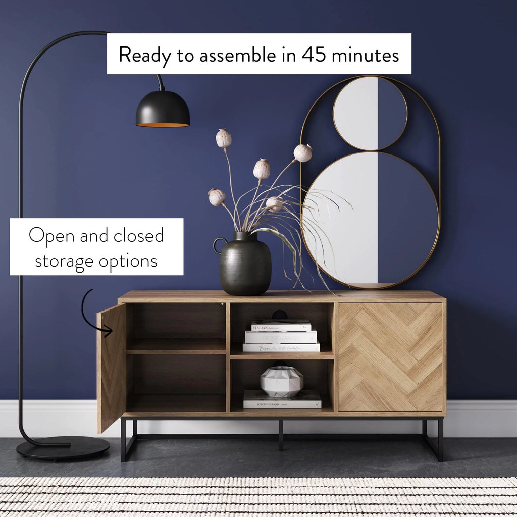 Gray Black Herringbone Pattern Wood Metal Media Console Cabinet G9408