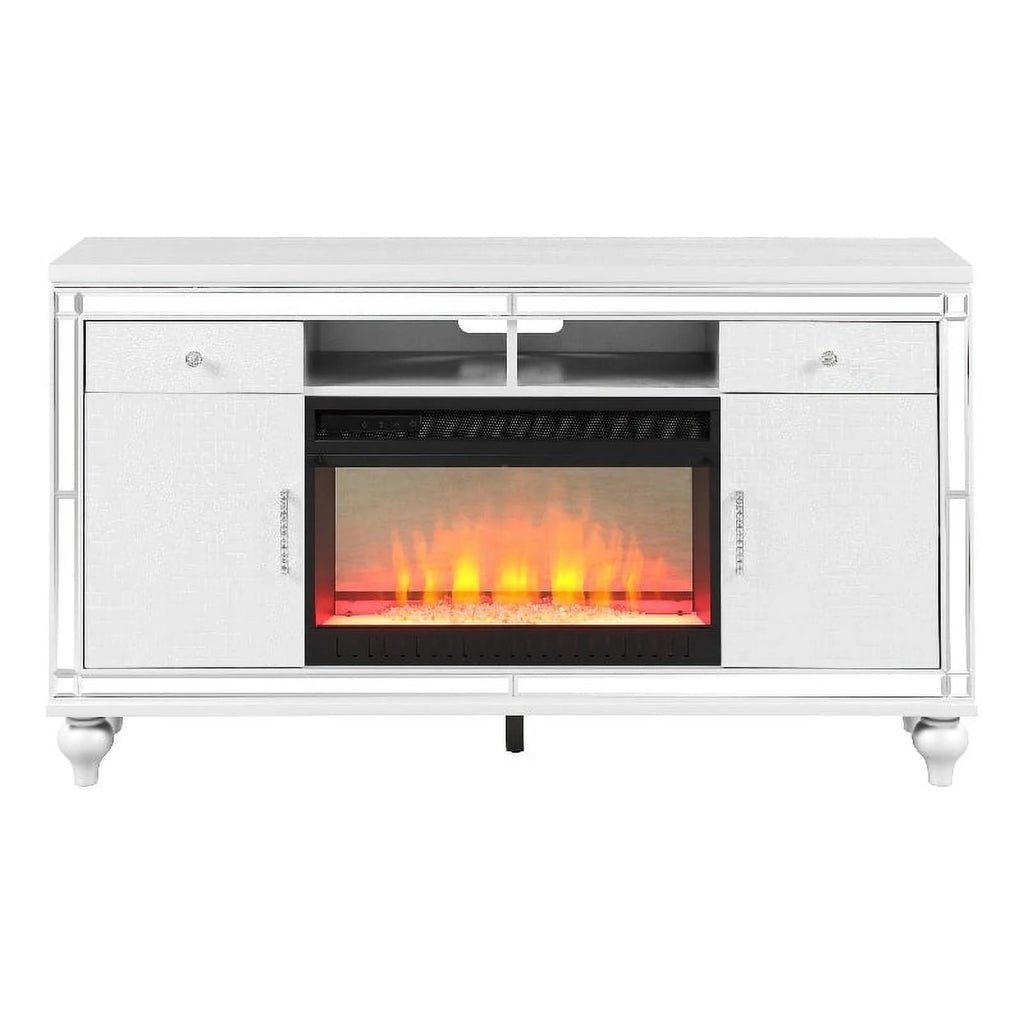 Solid Wood TV Stand With Electric Fireplace in White B449