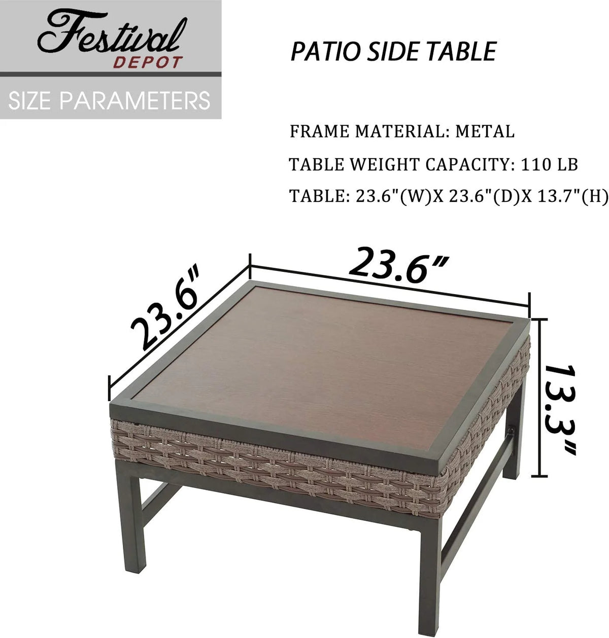 Patio Side End Coffee Table with Metal Steel Frame Wood Grain Desktop Rattan Wicker E7084