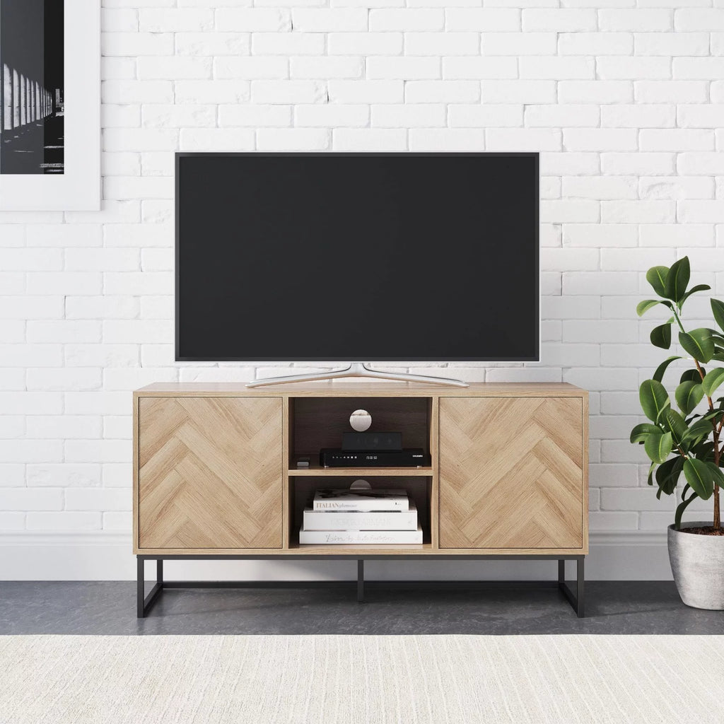 Gray Black Herringbone Pattern Wood Metal Media Console Cabinet G9408