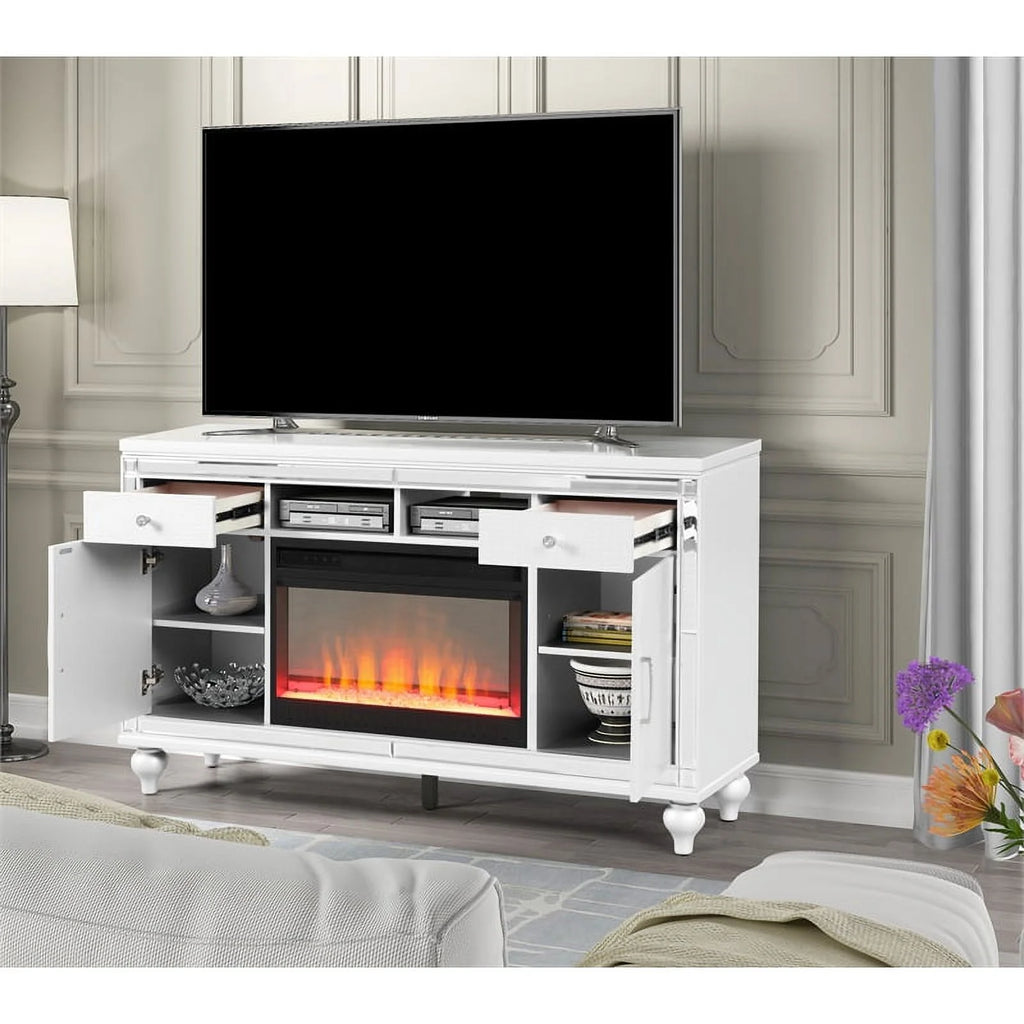 Solid Wood TV Stand With Electric Fireplace in White B449
