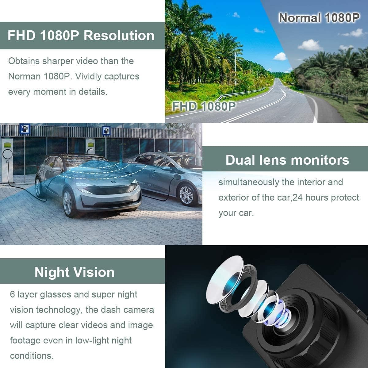 Dash Cam Front and Rear 1080P Full HD Dual Dash Cam 3 IPS Screen Night Vision 170° Wide Angle Motion Detection G-Sensor with SD Card A798