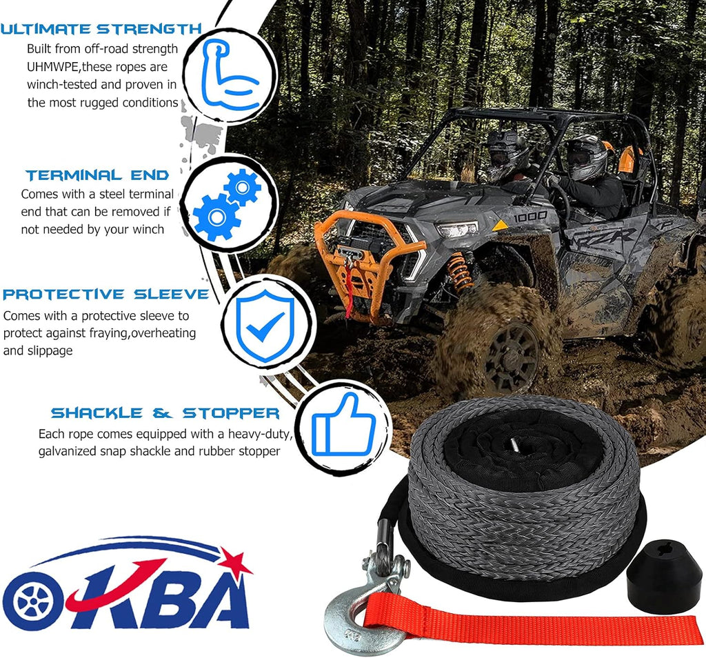 Synthetic Winch Rope Kit 1/4 x 50' 8200 Ibs with Snap Hook and Rubber Stopper D3275
