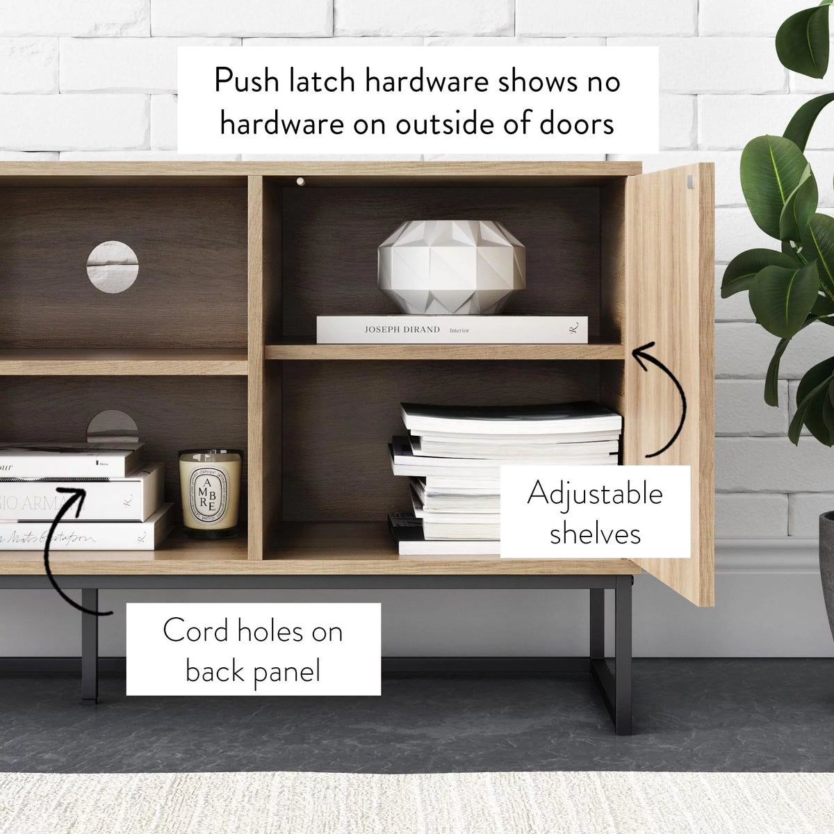 Gray Black Herringbone Pattern Wood Metal Media Console Cabinet G9408