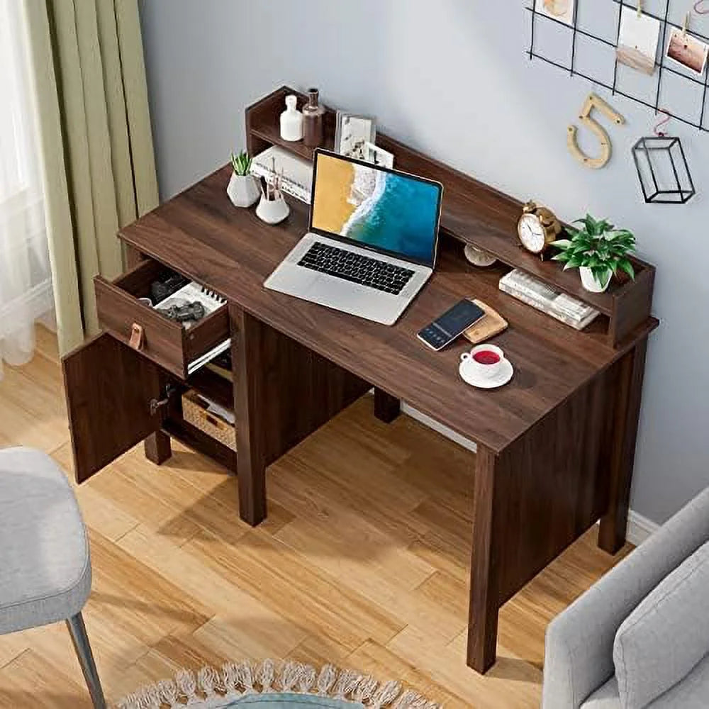 White 48 Inch Wood Computer Desk with Drawer & Cabinet N37093