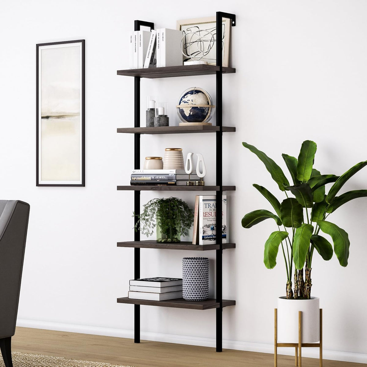 White/Gold 5-Shelf Ladder Bookcase P7729