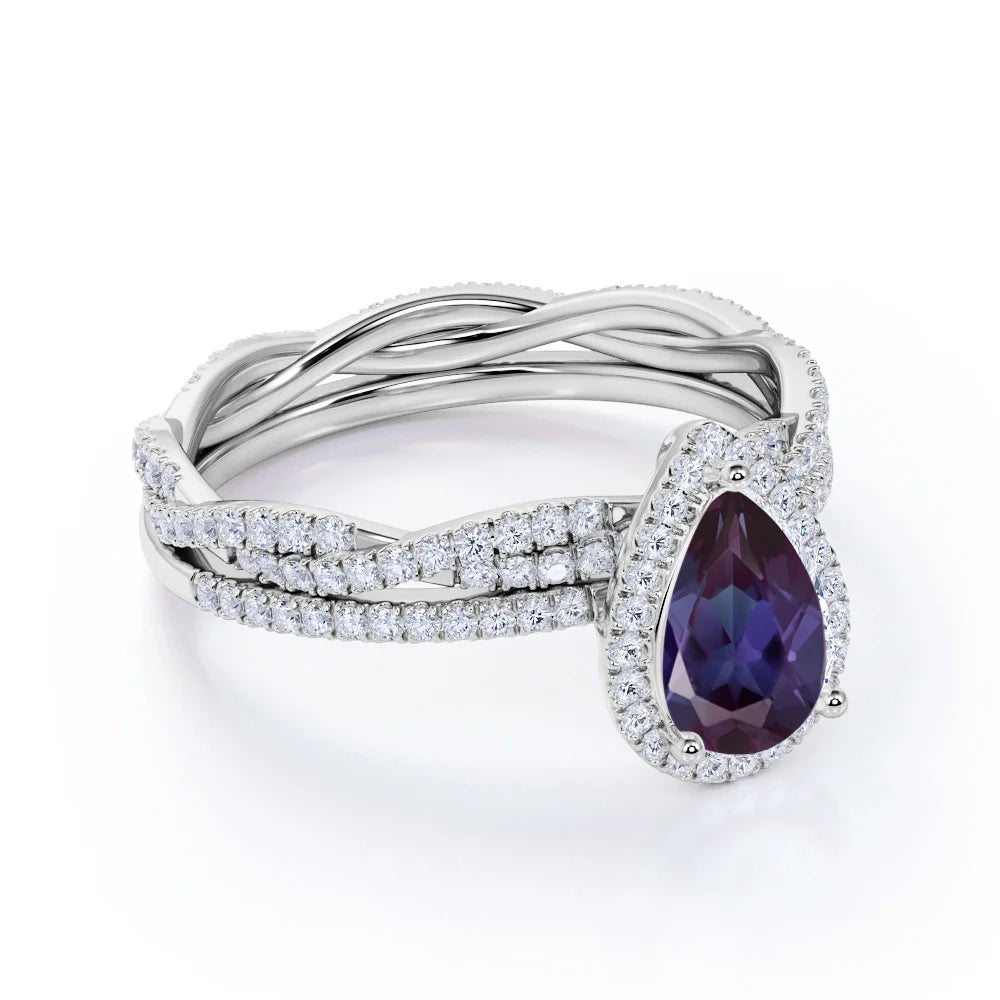 1.5 Carat Pear Cut Lab Created Alexandrite and Moissanite Halo Wedding Ring Set in 18k White Gold over Silver P3952