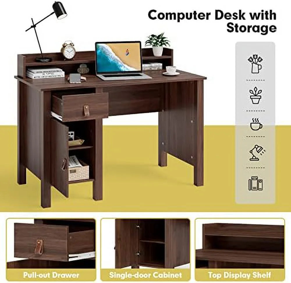 White 48 Inch Wood Computer Desk with Drawer & Cabinet N37093
