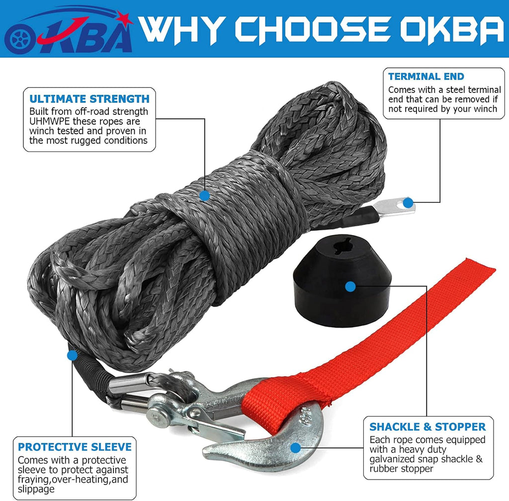 Synthetic Winch Rope Kit 1/4 x 50' 8200 Ibs with Snap Hook and Rubber Stopper D3275