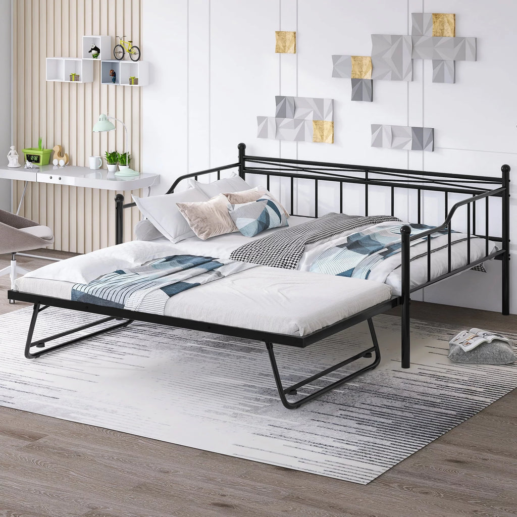Full Size Black Metal Daybed with Twin Size Adjustable Trundle J72219