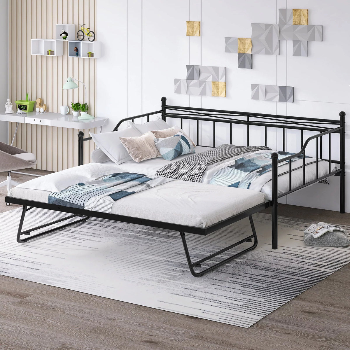 Full Size Black Metal Daybed with Twin Size Adjustable Trundle J72219