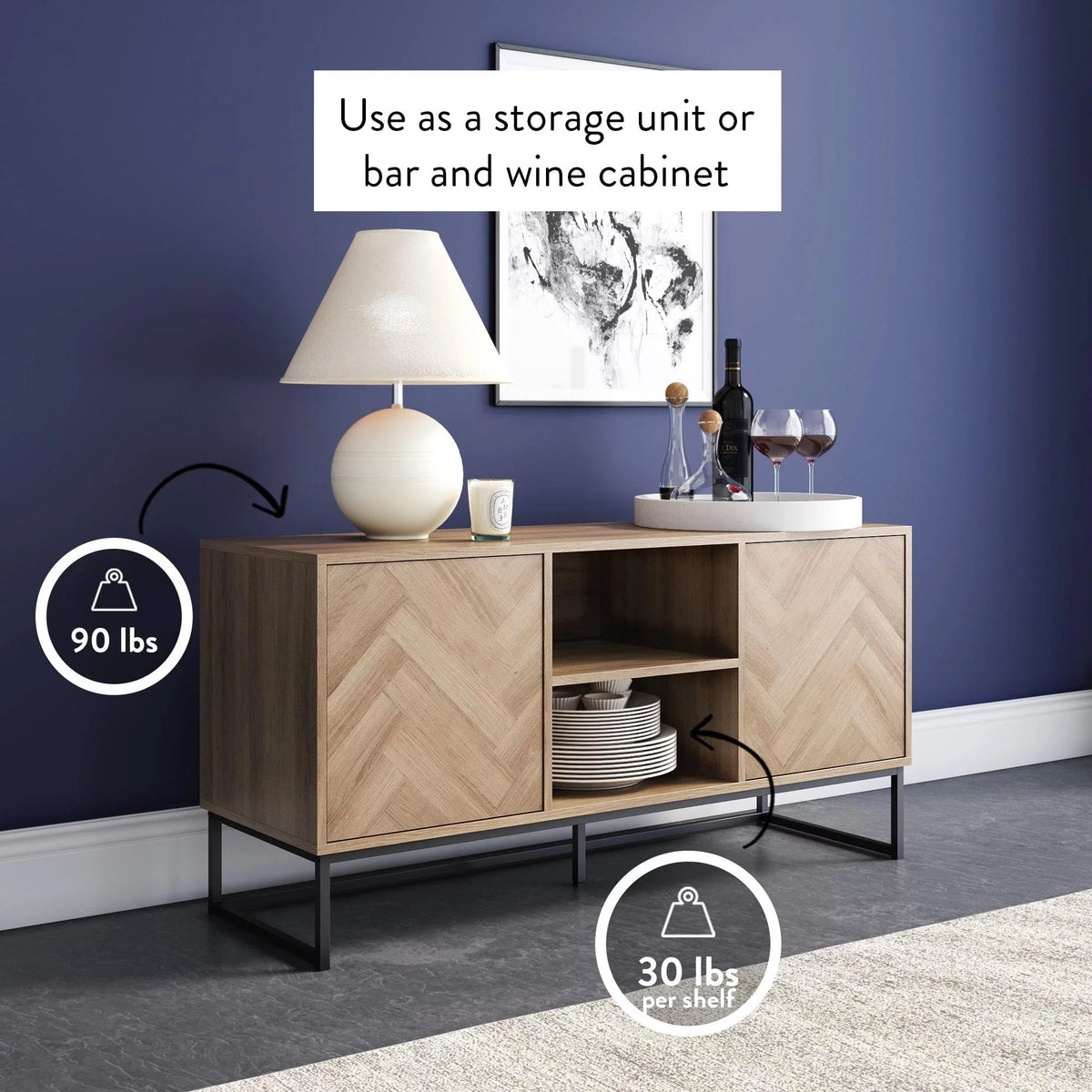 Gray Black Herringbone Pattern Wood Metal Media Console Cabinet G9408