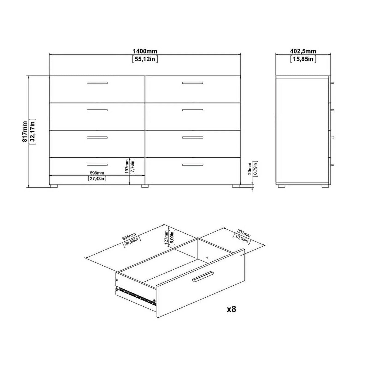 White 8 Drawer Engineered Wood Dresser B5294