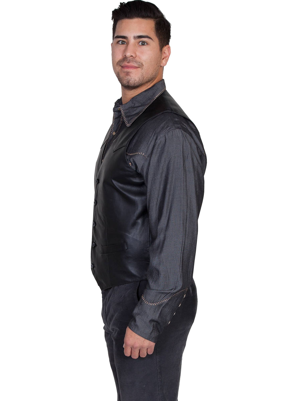 Black Lambskin Leather Button Vest Q639