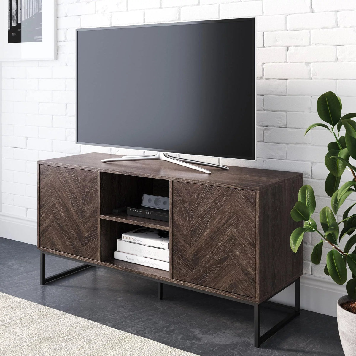Gray Black Herringbone Pattern Wood Metal Media Console Cabinet G9408